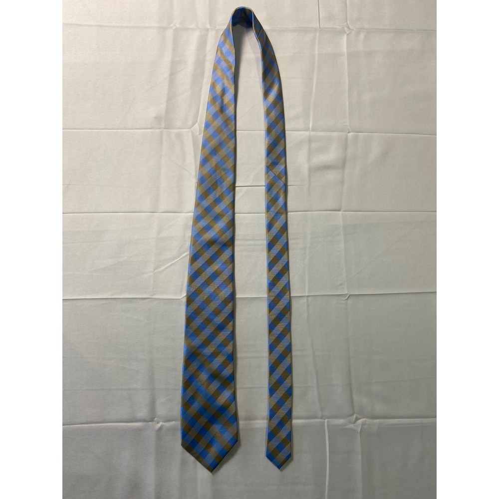 Nautica Mens Silk Blue Tan Gingham Plaid Necktie Tie Business Formal